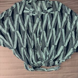 Manaola Striped Geometric Button-Up Crop Top in Mint & Black